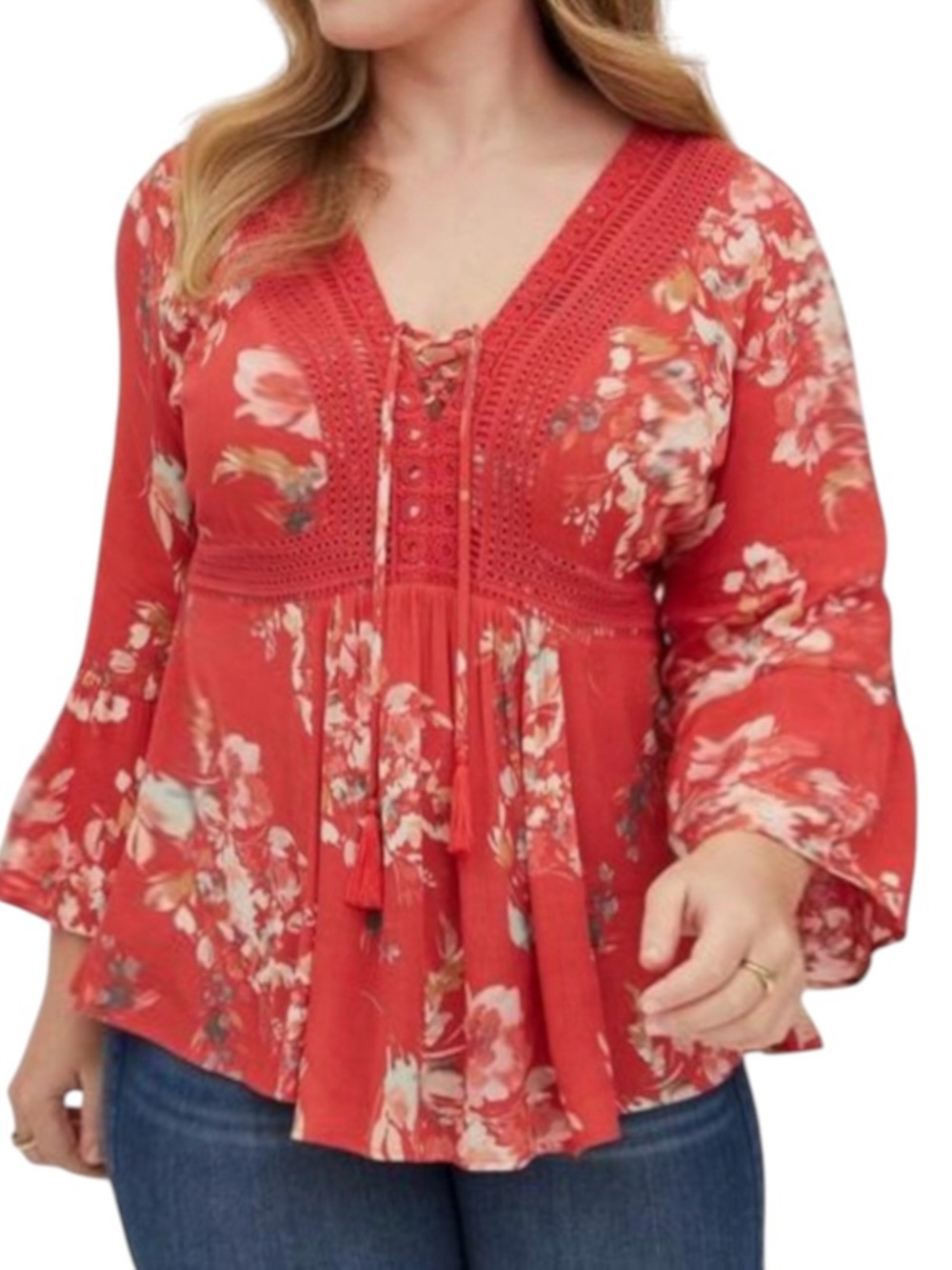 Torrid Coral Floral Babydoll Peasant Top 1X Crochet Bell Sleeve Boho